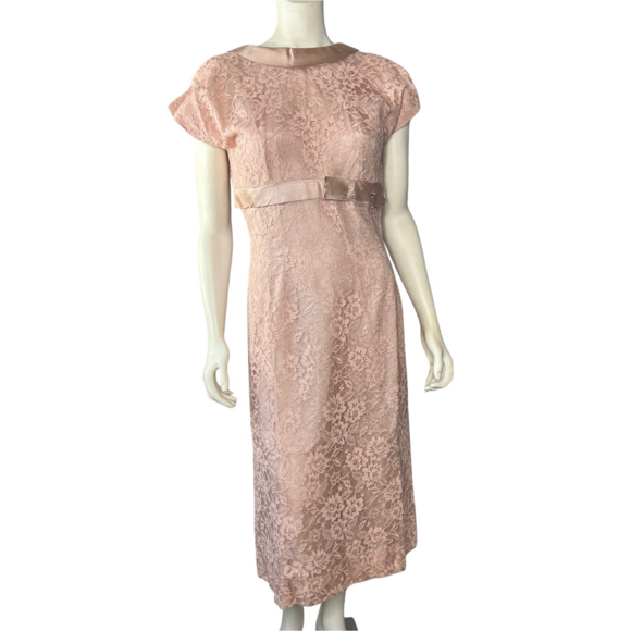 Vintage 40s 50s Wiggle Dress Lace Satin Midi Light Pink‎ Lined Deep V Back Sexy - Picture 1 of 14